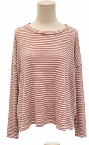 Madewell Striped Long Sleeve Knit Top Mauve Ivory Cotton Blend Size Medium Relax thumbnail 1