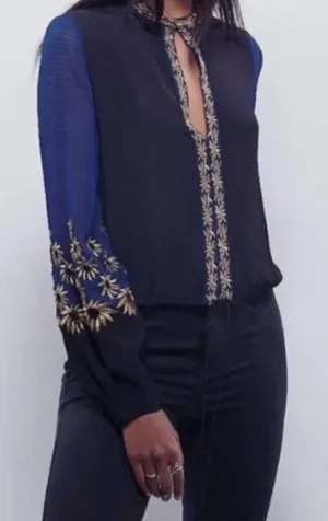 Free People Black & Blue Gold Embroidered Boho Blouse Top thumbnail 1