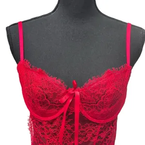 Victoria's Secret Sheer Lace Unlined Babydoll Top Bra Size Large Floral Red Sexy thumbnail 2