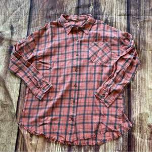 Women’s Hem & Thread Flannel Shirt Orange Blue Frayed Edges Size Large Oversized thumbnail 1