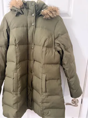 Merona Olive Green Puffer Coat with Faux Fur Trim Hood thumbnail 3