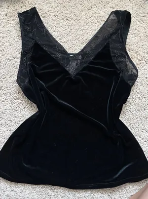 Vintage Black Velvet tank Mesh Floral Embroidery Cinema Etoile Gothic Y2K L thumbnail 1