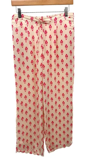 Punit Balana Ivory Pink‎ Booti Print Wide Leg Silk Pants Scallop Hem Size S thumbnail 1