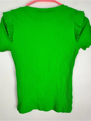 Zara Bright Green Ribbed Short Sleeve Top with Ruffle Sleeves Small NWT thumbnail 4