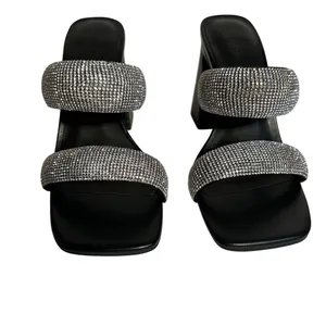 Open Edit Womens Black Rhinestone Double Strap‎ Block Heel Slide Sandals 8.5M thumbnail 10
