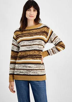 Style & Co. Striped Crewneck Sweater in Mustard, Brown & Cream size XS thumbnail 1