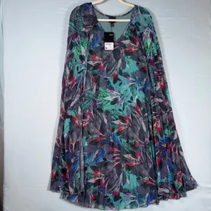 Ulla Popken Size-20/22-Tropical Cape Floral Pleated Chiffon Dress‎ Teal thumbnail 6