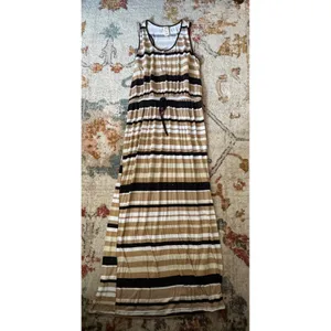 Faded Glory Womens XXL Striped Maxi Dress Henley Racerback Tan Black White thumbnail 2