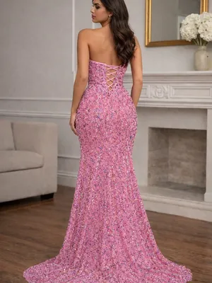 Strapless Pink Sequin Evening Gown with Front Slit Size 4 thumbnail 2