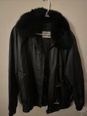 Vintage Black Leather Bomber Jacket with possum fur collar size medium thumbnail 1