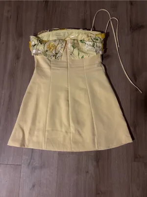 Angel Biba Strapless Floral Appliqué Mini Dress in Pale Yellow thumbnail 3