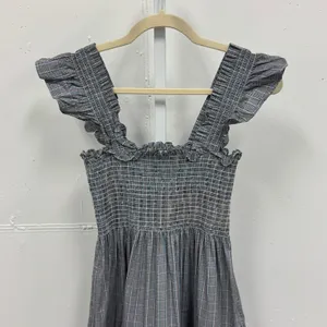 Hill House Ellie‎ Nap Dress XS Grey Blue Plaid Smocked Ruffle Midi Dress Picnic thumbnail 3