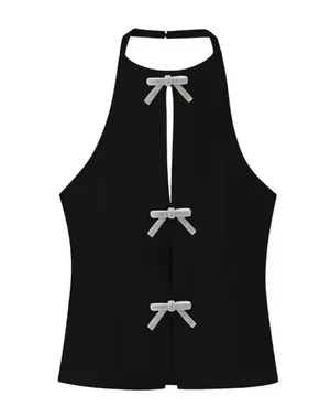Boutique Black Halter Top with Silver Bows thumbnail 1