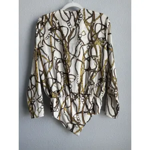 Zara Equestrian Chain Link Print Wrap Bodysuit Blouse Top Gold Brown Ivory Sz M thumbnail 5