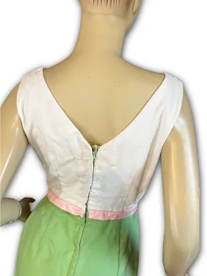 Vintage 1960'S Green, White & Pink Floral Print Sheath/Wiggle Dress (Xs) thumbnail 10