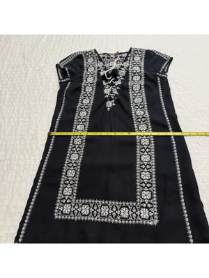Calypso St. Barth 100% Linen Navy Blue White Embroidered Shift Dress Mini Small thumbnail 4