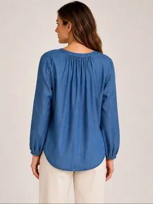 LOFT Blue Soft Denim Long Sleeve V-Neck Popover Top - Size: medium thumbnail 2