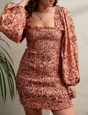 Free People Smock It To Me Mini Dress Apricot Combo Small Boho Fall Cottagecore thumbnail 1