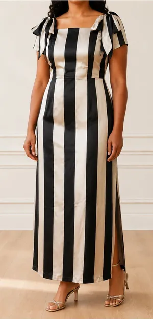 Ivy City Co Marni Dress Sz 1X Black Gold Stripe Satin Bow Midi Retro Party NWT thumbnail 1