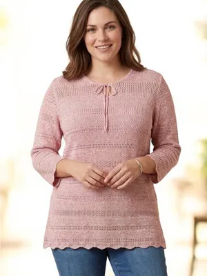 Denim & Company Light Pink Knit Tie-Neck Pointelle Sweater Size Large thumbnail 1
