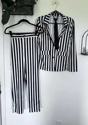 Women's Black & White Vertical Stripe Blazer & Pant Costume Size Small thumbnail 1