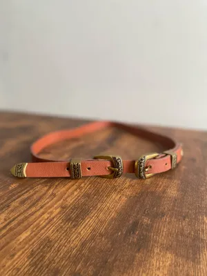Women's Double Buckle Brown Leather Waist Belt with Brass Accents thumbnail 2