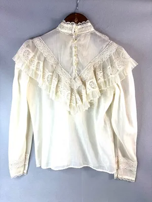 Jessica’s Gunne Sax 11 Vintage Victorian Style Cream Lace Yoke Ruffle Blouse thumbnail 7