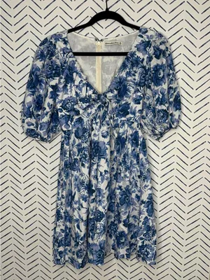 Abercrombie & Fitch blue floral cinchfront dress puffsleeves size Small T thumbnail 2