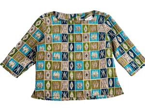 Jordan Vintage 3/4 Sleeve Blouse Womens Large Button Back Square Neck Green/Blue thumbnail 1