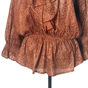 Entro Leopard Print Ruffled Peplum Blouse Womens S Brown V Neck 3/4 Sleeve NEW thumbnail 6