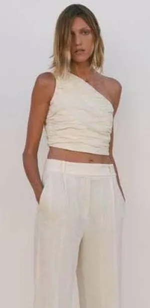 ZARA Asymmetric One Shoulder Draped Cropped Top Cream Side Zip Size XS‎ NEW thumbnail 1