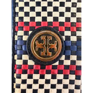 Tory Burch Woven Leather Checkerboard Zip Continental Wallet Navy White OS thumbnail 5