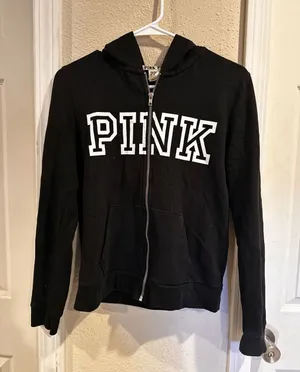 PINK Victoria's Secret Black Full-Zip Hoodie with White Logo Size Small 0448 thumbnail 1