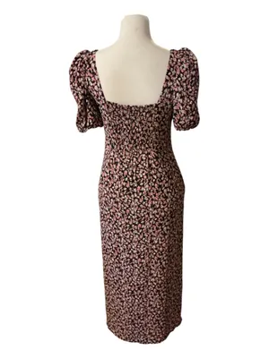 Ditsy Floral Puff Sleeve Midi Dress Sweetheart Neck Smocked Back Split Hem thumbnail 3
