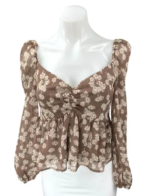 Grade & Gather Brown Floral Long Sleeve Smocked Babydoll Peplum Blouse Top Sz M thumbnail 1