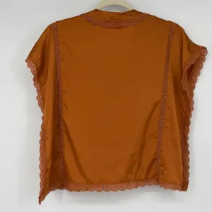 Women's L Rust Satin Lace Trim Tie Front Blouse Romantic Boho Coquette thumbnail 2