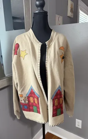 VTG Cottagecore Granny Twee Patchwork Farmhouse Beige Cardigan Large. thumbnail 1