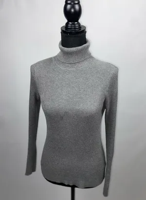 Turtleneck Sweater Grey Rib Knit Large Ambiance Apparel Stretch Top thumbnail 1