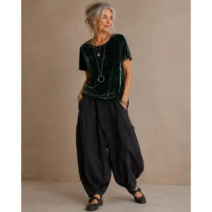 Eileen Fisher Womens Top XL Green Crushed Velvet Silk Blend Short Sleeve Tee thumbnail 2