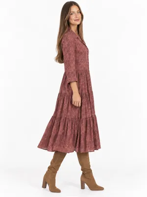 Morris & Co x H&M 6 William Morris Floral Tiered Midi Shirt Dress Burgundy Fall thumbnail 6