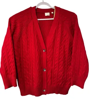 Red Cable Knit Cardigan Sweater Traditional Button Front Preppy Holiday Cyrus XL thumbnail 1