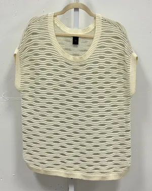 Ann Taylor Cream Metallic Wavy Knit Short Sleeve Sweater Top Large Relaxed Fit thumbnail 1