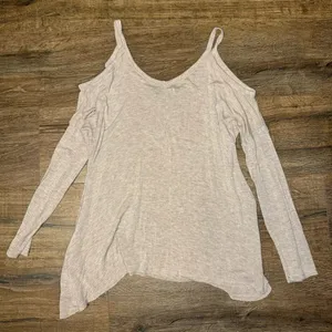 Abercrombie & Fitch Beige Ribbed Knit Cold Shoulder Asymmetrical Hem Blouse Top thumbnail 8