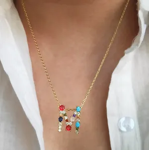 M Initial Necklace With Multi Stones Gold thumbnail 1