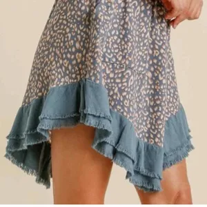 Umgee Leopard Print Mini Skirt Blue Linen Blend Size Large thumbnail 2