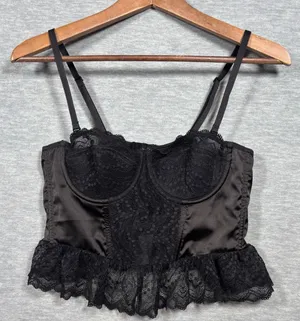 Sincerely Jules Womens M Top Black Lace‎ Trim Corset Bustier Satin Whimsigoth thumbnail 1