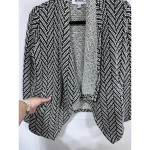 BB Dakota XS Open Front‎ Cardigan Chevron Chunky Knit Drape Boho Black White thumbnail 2