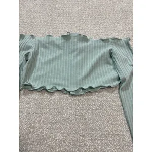 Ribbed Off-Shoulder Button Crop Top in Sage Green Size S Shell 91% Tencel thumbnail 4