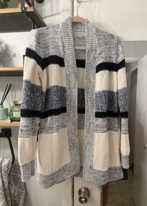 LOFT Open-Front Striped Cardigan in Cream, Navy, and Light Blue thumbnail 1