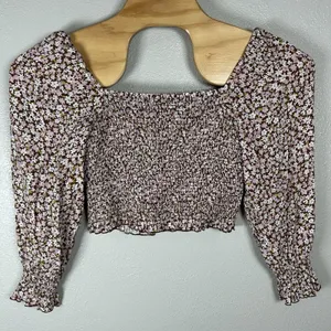 Aritzia Sunday Best Brown Pink Floral Crop Top Womens Large Long‎ Sleeve Boho thumbnail 3